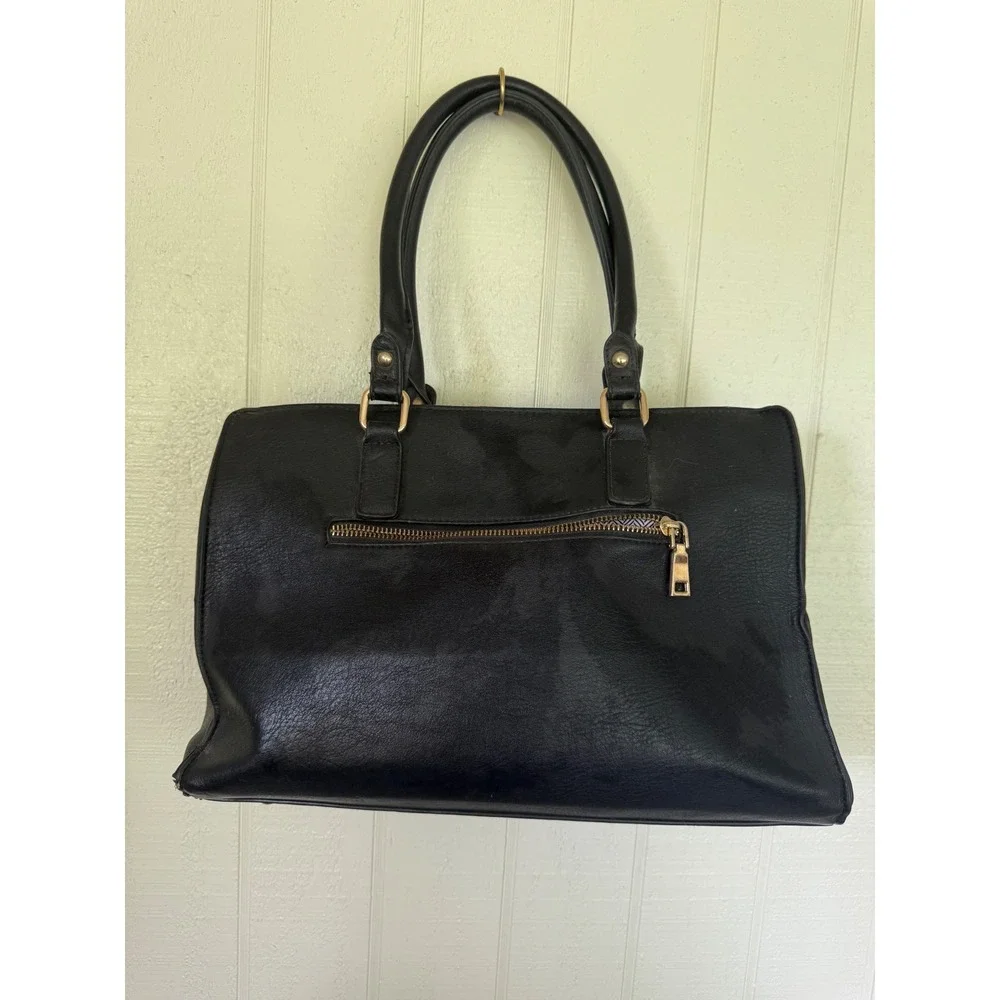 Black Faux Leather Satchel Handbag Gold Hardware Chevron Lining Front Pocket - Picture 3 of 5